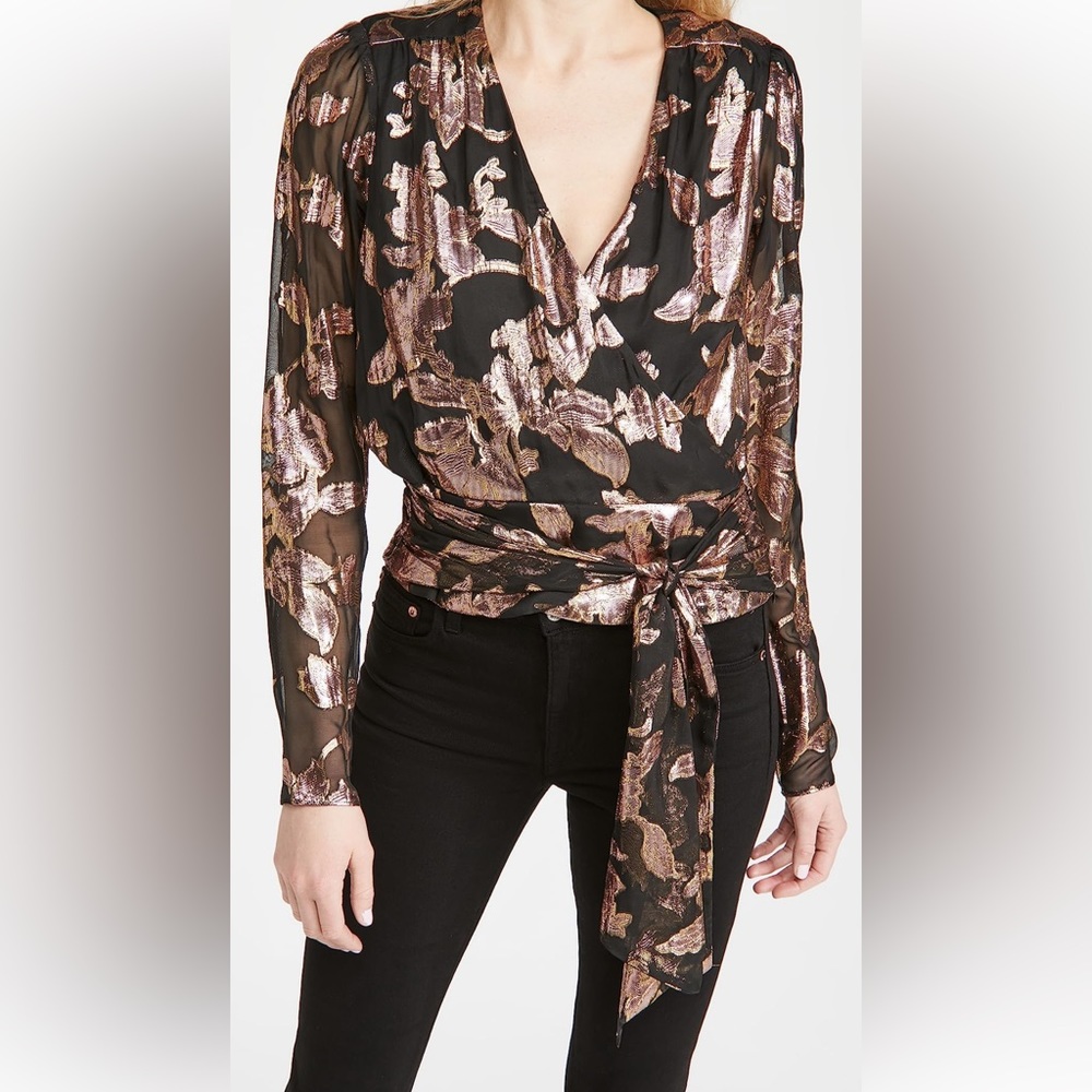 Ramy Brook Blair Metallic Jacquard Wrap Blouse Black Gold